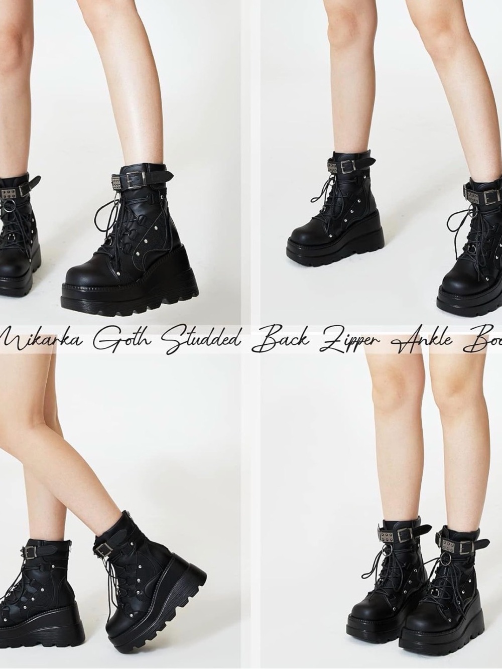 Women's Black Platform Combat Boots with Buckle & Lace-Up - Picture 2 of 4